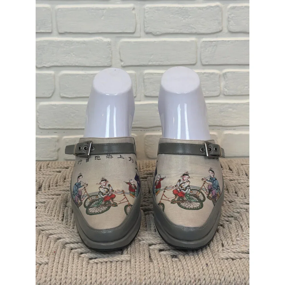 Icon Chinese Bicycle Print Grey Leather Mule Heels 5.5